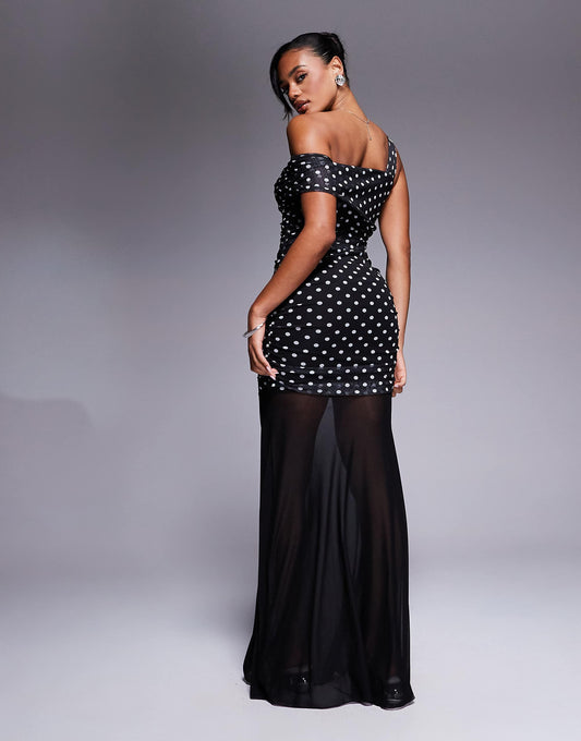 Kaiia exclusive slinky asymmetric one shoulder sheer hem maxi dress in black polka dot