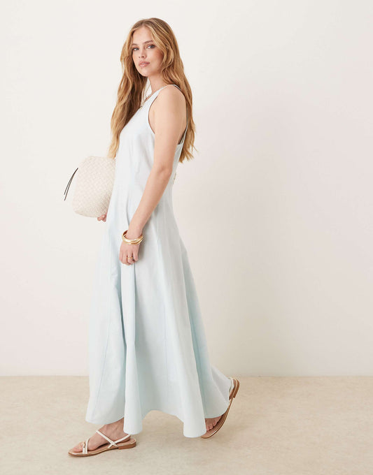 ASOS DESIGN slash neck seamed midi dress in baby blue