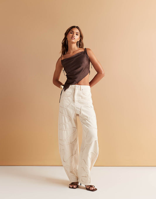 ASOS DESIGN high waisted barrel leg jean in ecru with tonal swirl detail