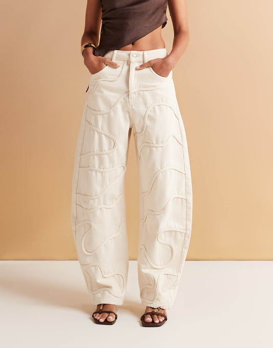 ASOS DESIGN high waisted barrel leg jean in ecru with tonal swirl detail