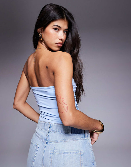 ASOS DESIGN ruched bandeau with pointed hem in blue