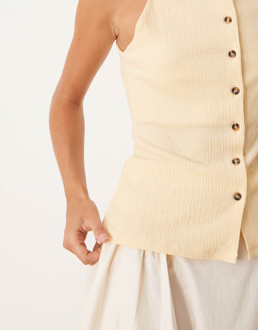 ASOS DESIGN textured button through strappy top in buttermilk yellow