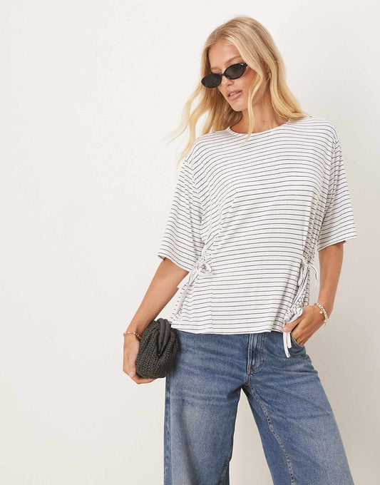 ASOS DESIGN stripe cinched tie side tee in ivory