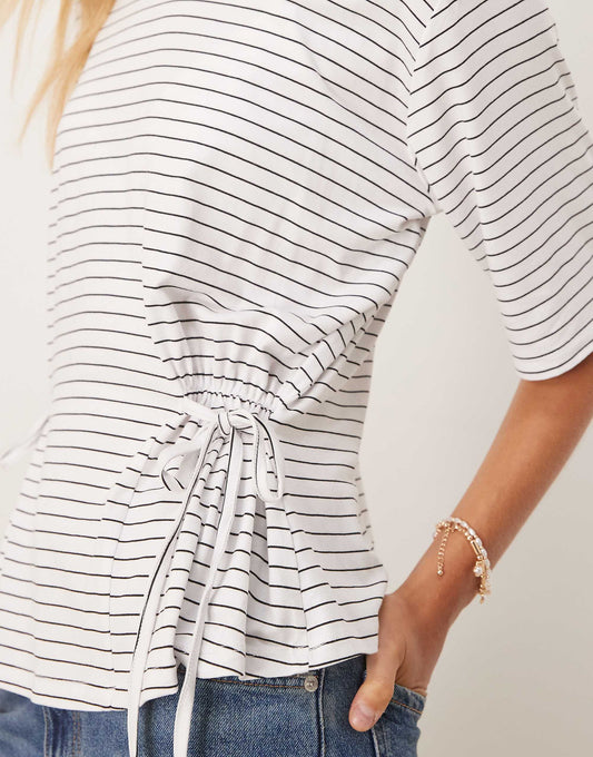 ASOS DESIGN stripe cinched tie side tee in ivory